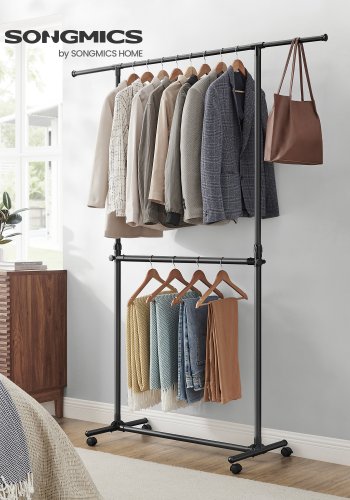 SONGMICS Dobbelt klesstativ, klesstativ med uttrekkbar toppstang, klesstativ p� hjul, 113�180 cm h�ydejusterbart klesstativ, justerbar midtstang, svart LLR401B01