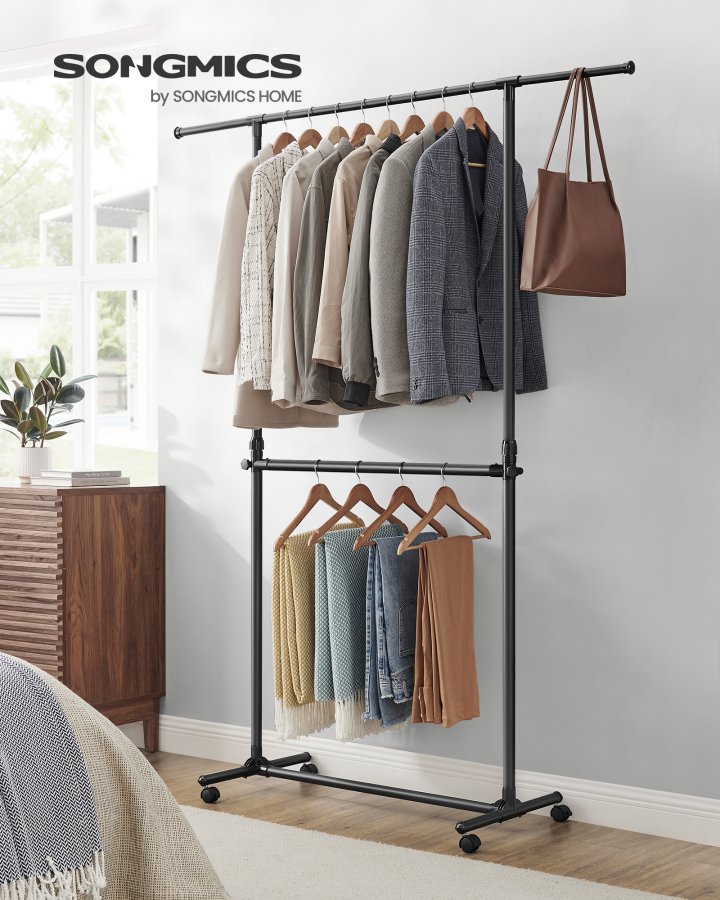 SONGMICS Dobbelt klesstativ, klesstativ med uttrekkbar toppstang, klesstativ p� hjul, 113180 cm h�ydejusterbart klesstativ, justerbar midtstang, svart LLR401B01