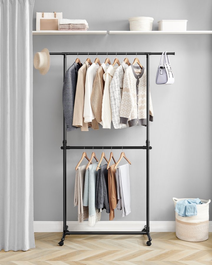 SONGMICS Dobbelt klesstativ, klesstativ med uttrekkbar toppstang, klesstativ p� hjul, 113180 cm h�ydejusterbart klesstativ, justerbar midtstang, svart LLR401B01