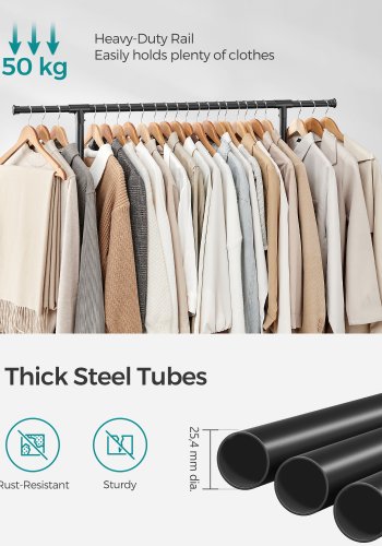 SONGMICS Dobbelt klesstativ, klesstativ med uttrekkbar toppstang, klesstativ p� hjul, 113180 cm h�ydejusterbart klesstativ, justerbar midtstang, svart LLR401B01