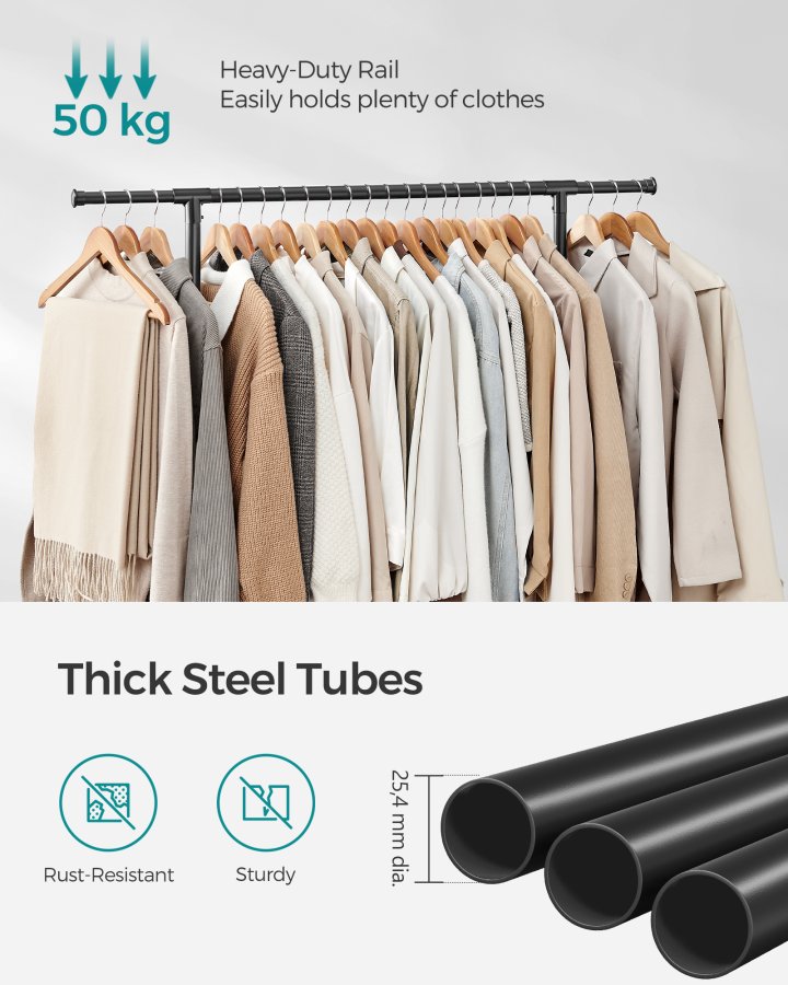 SONGMICS Dobbelt klesstativ, klesstativ med uttrekkbar toppstang, klesstativ p� hjul, 113180 cm h�ydejusterbart klesstativ, justerbar midtstang, svart LLR401B01