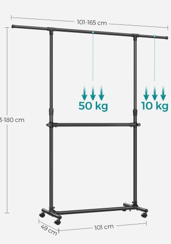 SONGMICS Dobbelt klesstativ, klesstativ med uttrekkbar toppstang, klesstativ p� hjul, 113180 cm h�ydejusterbart klesstativ, justerbar midtstang, svart LLR401B01
