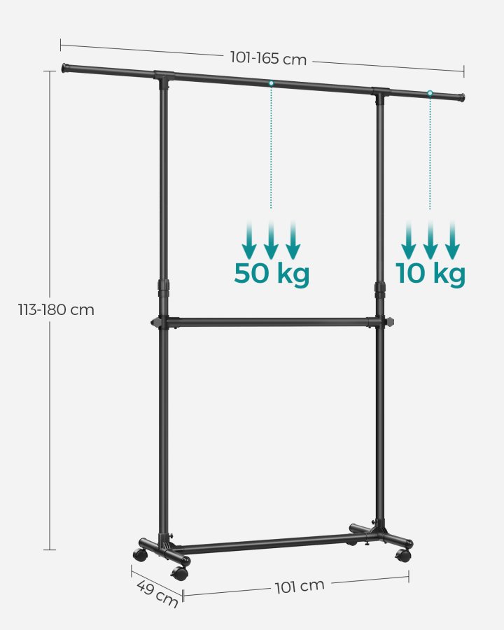 SONGMICS Dobbelt klesstativ, klesstativ med uttrekkbar toppstang, klesstativ p� hjul, 113180 cm h�ydejusterbart klesstativ, justerbar midtstang, svart LLR401B01