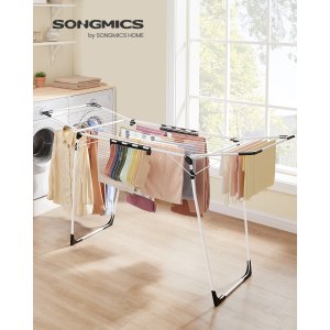 SONGMICS t�rkestativ, 56,5 x 173 x 96,5 cm, t�rkestativ, plassbesparende, med sokkeklemmer, metallramme, for kl�r, h�ndkl�r, laken, hvit LLR518W01