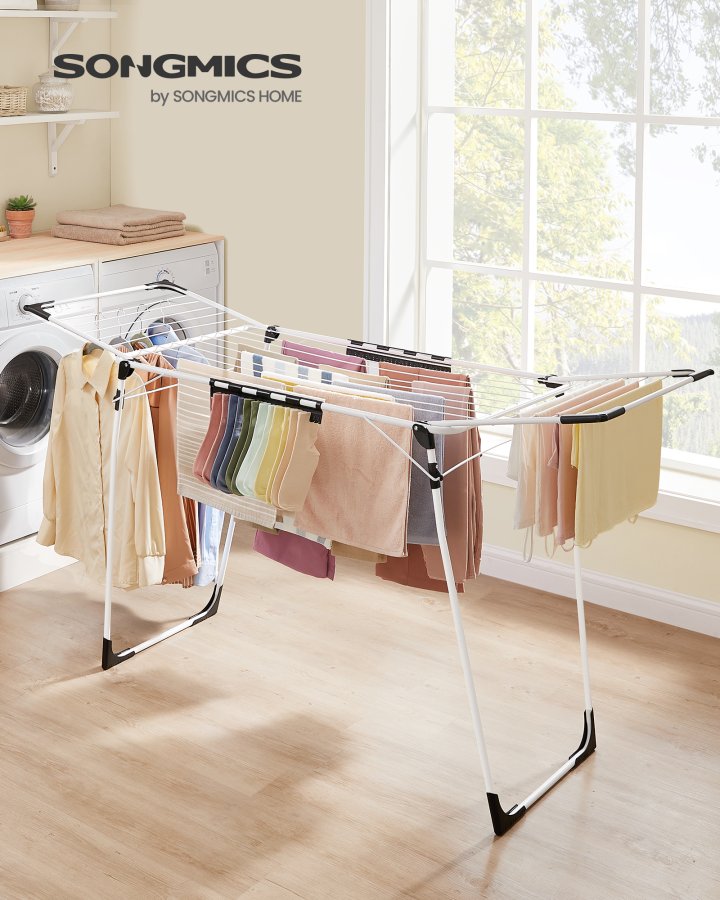 SONGMICS t�rkestativ, 56,5 x 173 x 96,5 cm, t�rkestativ, plassbesparende, med sokkeklemmer, metallramme, for kl�r, h�ndkl�r, laken, hvit LLR518W01