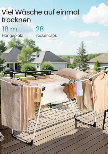 SONGMICS t�rkestativ, 56,5 x 173 x 96,5 cm, t�rkestativ, plassbesparende, med sokkeklemmer, metallramme, for kl�r, h�ndkl�r, laken, hvit LLR518W01