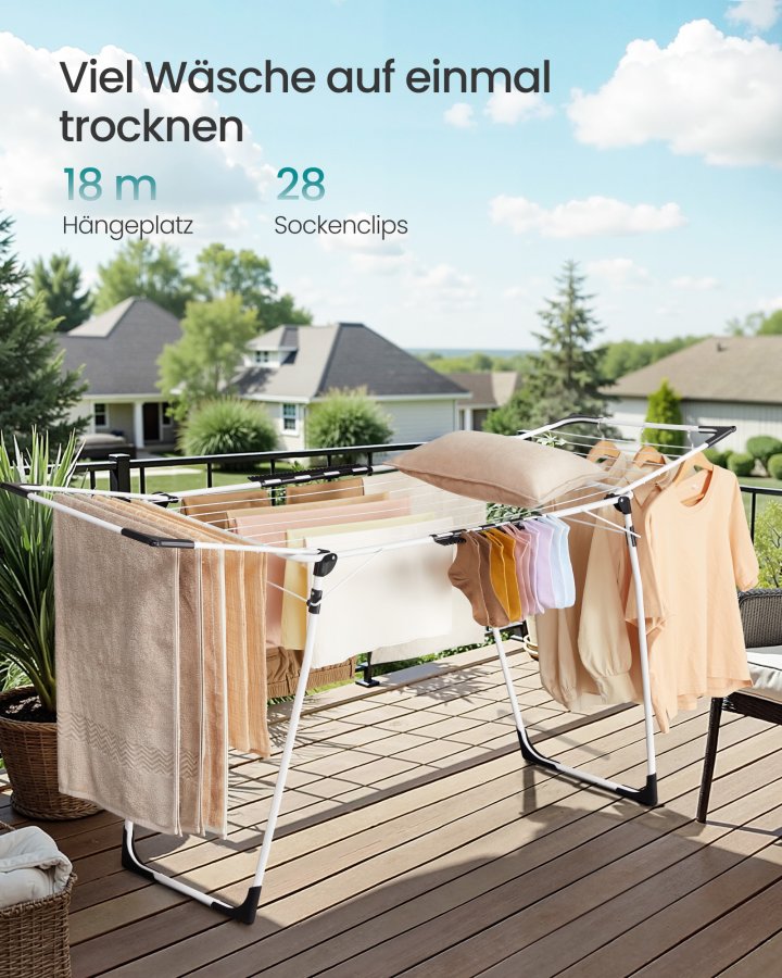 SONGMICS t�rkestativ, 56,5 x 173 x 96,5 cm, t�rkestativ, plassbesparende, med sokkeklemmer, metallramme, for kl�r, h�ndkl�r, laken, hvit LLR518W01