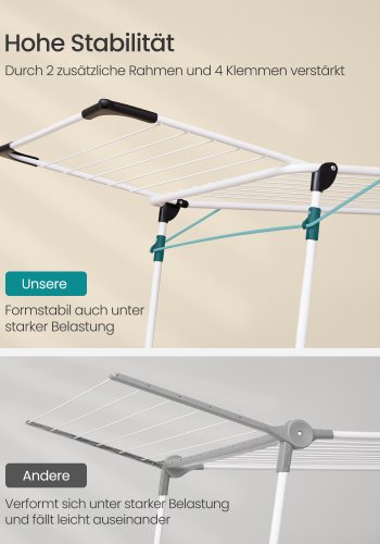 SONGMICS t�rkestativ, 56,5 x 173 x 96,5 cm, t�rkestativ, plassbesparende, med sokkeklemmer, metallramme, for kl�r, h�ndkl�r, laken, hvit LLR518W01