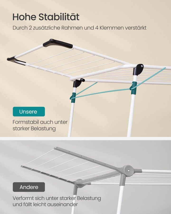 SONGMICS t�rkestativ, 56,5 x 173 x 96,5 cm, t�rkestativ, plassbesparende, med sokkeklemmer, metallramme, for kl�r, h�ndkl�r, laken, hvit LLR518W01