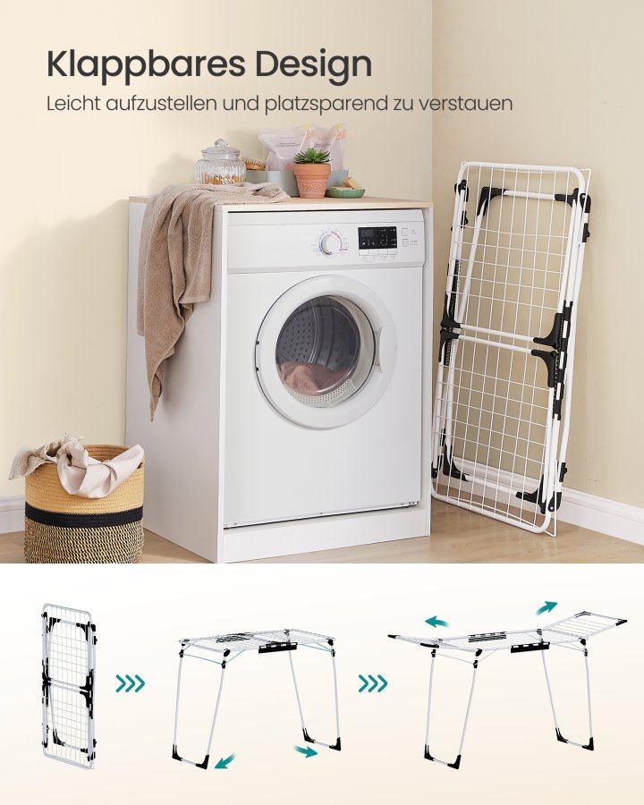 SONGMICS t�rkestativ, 56,5 x 173 x 96,5 cm, t�rkestativ, plassbesparende, med sokkeklemmer, metallramme, for kl�r, h�ndkl�r, laken, hvit LLR518W01