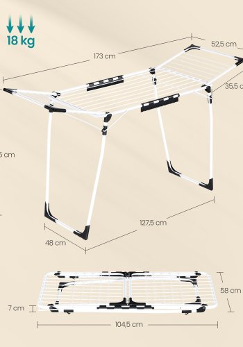 SONGMICS t�rkestativ, 56,5 x 173 x 96,5 cm, t�rkestativ, plassbesparende, med sokkeklemmer, metallramme, for kl�r, h�ndkl�r, laken, hvit LLR518W01