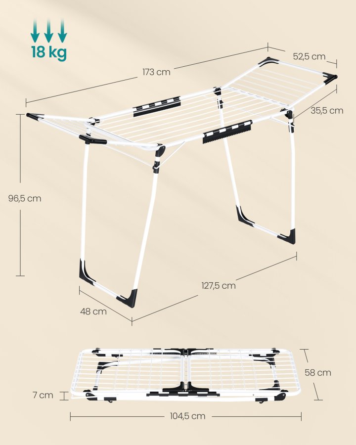 SONGMICS t�rkestativ, 56,5 x 173 x 96,5 cm, t�rkestativ, plassbesparende, med sokkeklemmer, metallramme, for kl�r, h�ndkl�r, laken, hvit LLR518W01