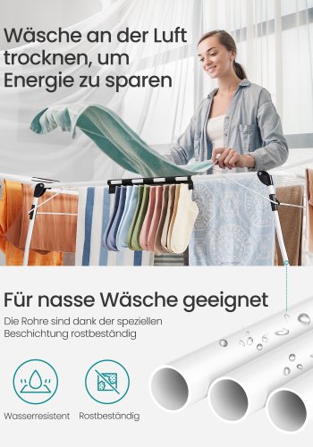 SONGMICS t�rkestativ, 56,5 x 173 x 96,5 cm, t�rkestativ, plassbesparende, med sokkeklemmer, metallramme, for kl�r, h�ndkl�r, laken, hvit LLR518W01