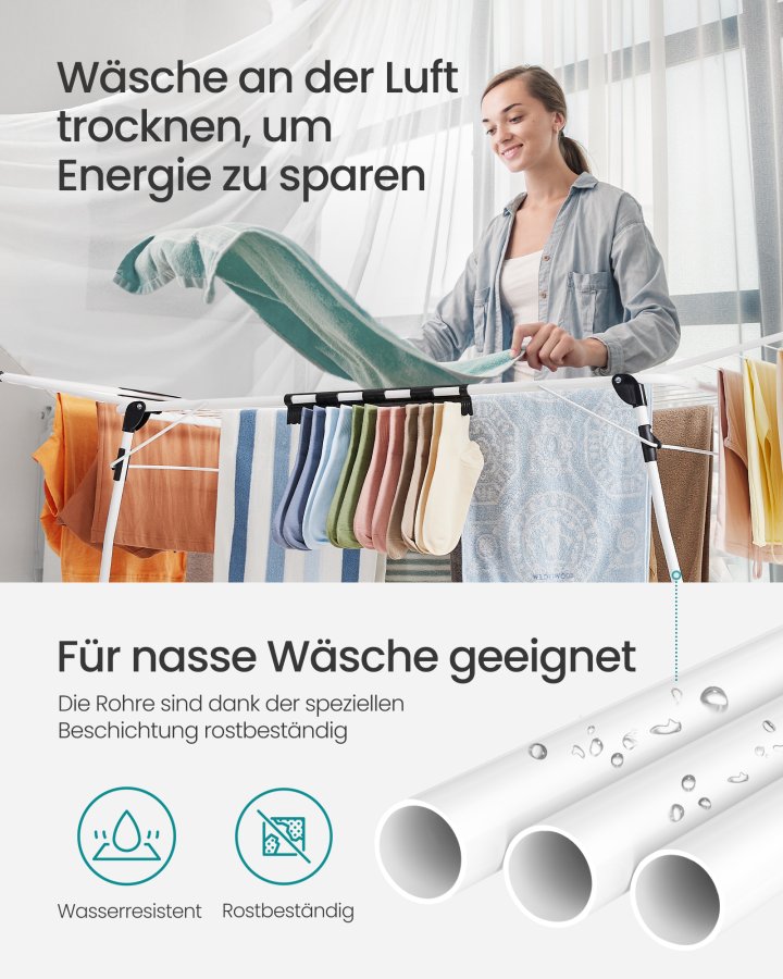 SONGMICS t�rkestativ, 56,5 x 173 x 96,5 cm, t�rkestativ, plassbesparende, med sokkeklemmer, metallramme, for kl�r, h�ndkl�r, laken, hvit LLR518W01