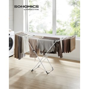 SONGMICS t�rkestativ, metall t�rkestativ for t�y, sammenleggbart, plassbesparende, frittst�ende t�rkestativ, med 2 m�kevinger, innend�rs og utend�rs bruk, senget�y, hvit ULLR540W01