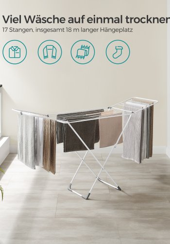 SONGMICS t�rkestativ, metall t�rkestativ for t�y, sammenleggbart, plassbesparende, frittst�ende t�rkestativ, med 2 m�kevinger, innend�rs utend�rs bruk, senget�y, hvit ULLR540W01