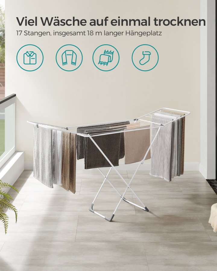 SONGMICS t�rkestativ, metall t�rkestativ for t�y, sammenleggbart, plassbesparende, frittst�ende t�rkestativ, med 2 m�kevinger, innend�rs og utend�rs bruk, senget�y, hvit ULLR540W01
