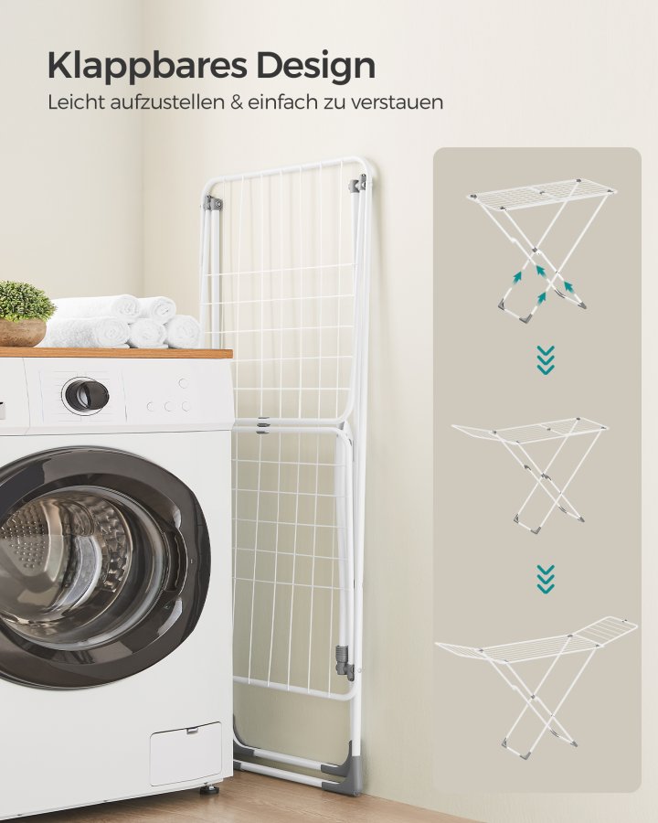SONGMICS t�rkestativ, metall t�rkestativ for t�y, sammenleggbart, plassbesparende, frittst�ende t�rkestativ, med 2 m�kevinger, innend�rs og utend�rs bruk, senget�y, hvit ULLR540W01