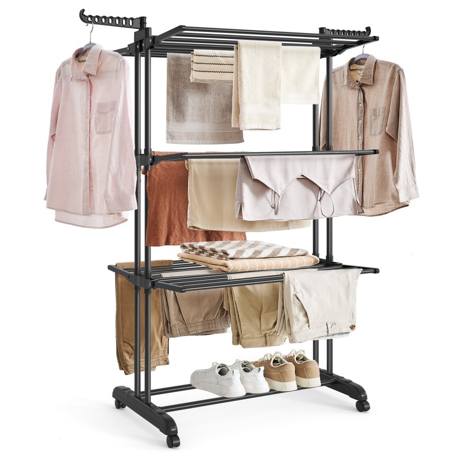 SONGMICS 4-etasjes t�rkestativ, sammenleggbart t�rkestativ for klesvask, 68,1 tommer h�yt, rustfritt st�l, rullende t�rkestativ for t�rkestativer, enkel � montere, innend�rs utend�rs bruk, blekksvart ULLR701B01