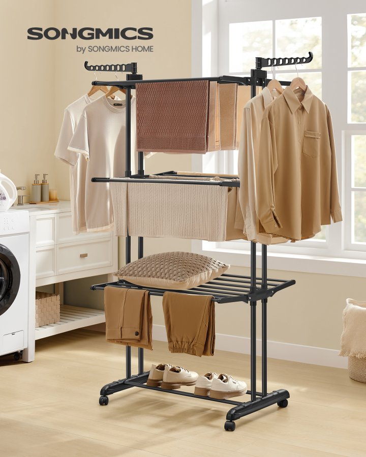 SONGMICS 4-etasjes t�rkestativ, sammenleggbart t�rkestativ for klesvask, 68,1 tommer h�yt, rustfritt st�l, rullende t�rkestativ for t�rkestativer, enkel � montere, innend�rs utend�rs bruk, blekksvart ULLR701B01