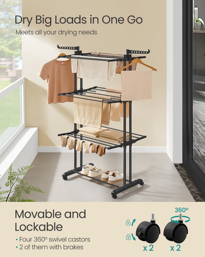 SONGMICS 4-etasjes t�rkestativ, sammenleggbart t�rkestativ for klesvask, 68,1 tommer h�yt, rustfritt st�l, rullende t�rkestativ for t�rkestativer, enkel � montere, innend�rs utend�rs bruk, blekksvart ULLR701B01