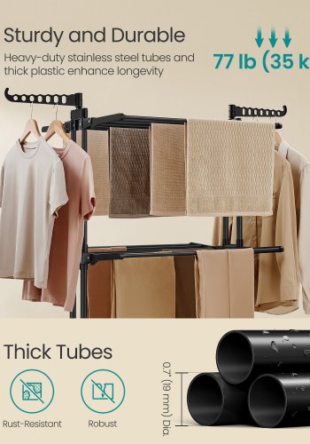 SONGMICS 4-etasjes t�rkestativ, sammenleggbart t�rkestativ for klesvask, 68,1 tommer h�yt, rustfritt st�l, rullende t�rkestativ for t�rkestativer, enkel � montere, innend�rs utend�rs bruk, blekksvart ULLR701B01