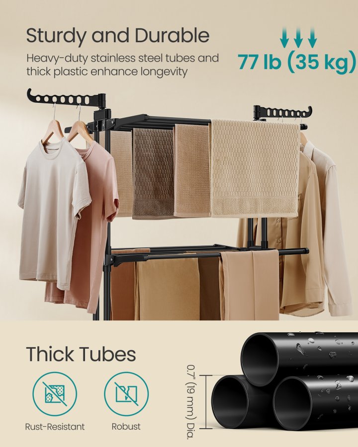 SONGMICS 4-etasjes t�rkestativ, sammenleggbart t�rkestativ for klesvask, 68,1 tommer h�yt, rustfritt st�l, rullende t�rkestativ for t�rkestativer, enkel � montere, innend�rs utend�rs bruk, blekksvart ULLR701B01