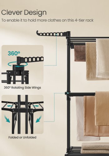 SONGMICS 4-etasjes t�rkestativ, sammenleggbart t�rkestativ for klesvask, 68,1 tommer h�yt, rustfritt st�l, rullende t�rkestativ for t�rkestativer, enkel � montere, innend�rs utend�rs bruk, blekksvart ULLR701B01