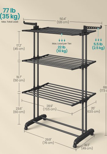 SONGMICS 4-etasjes t�rkestativ, sammenleggbart t�rkestativ for klesvask, 68,1 tommer h�yt, rustfritt st�l, rullende t�rkestativ for t�rkestativer, enkel � montere, innend�rs utend�rs bruk, blekksvart ULLR701B01