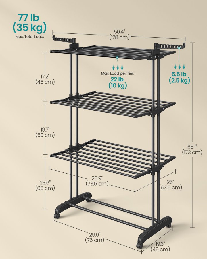 SONGMICS 4-etasjes t�rkestativ, sammenleggbart t�rkestativ for klesvask, 68,1 tommer h�yt, rustfritt st�l, rullende t�rkestativ for t�rkestativer, enkel � montere, innend�rs utend�rs bruk, blekksvart ULLR701B01