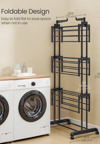 SONGMICS 4-etasjes t�rkestativ, sammenleggbart t�rkestativ for klesvask, 68,1 tommer h�yt, rustfritt st�l, rullende t�rkestativ for t�rkestativer, enkel � montere, innend�rs utend�rs bruk, blekksvart ULLR701B01