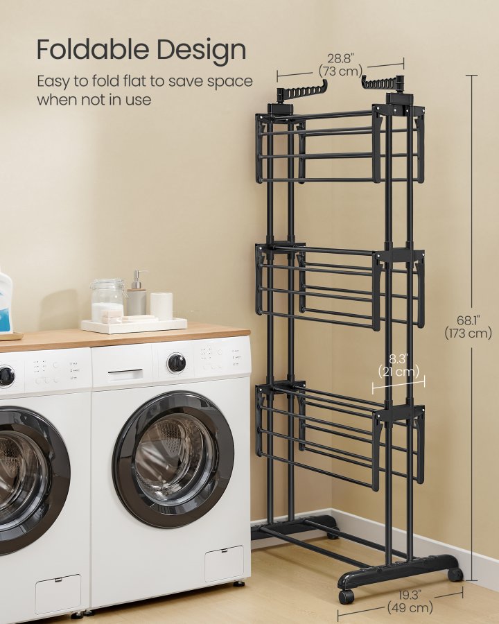 SONGMICS 4-etasjes t�rkestativ, sammenleggbart t�rkestativ for klesvask, 68,1 tommer h�yt, rustfritt st�l, rullende t�rkestativ for t�rkestativer, enkel � montere, innend�rs utend�rs bruk, blekksvart ULLR701B01