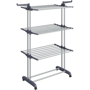 SONGMICS 4-etasjes t�rkestativ, sammenleggbart vingeformet t�rkestativ med hjul, 63,5 x 128 x 173 cm, stor, enkel � montere, innend�rs, utend�rs, gr�, LLR701G01