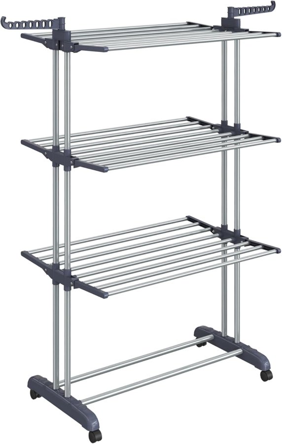 SONGMICS 4-etasjes t�rkestativ, sammenleggbart vingeformet t�rkestativ med hjul, 63,5 x 128 x 173 cm, stor, enkel � montere, innend�rs, utend�rs, gr�, LLR701G01
