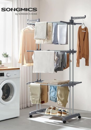 SONGMICS W�schest�nder mit 4 Ebenen, faltbarer, fl�gelf�rmiger W�schest�nder mit Rollen, 63,5 x 128 x 173 cm, gro�, einfach zu montieren, f�r drinnen und drau�en, grau, LLR701G01