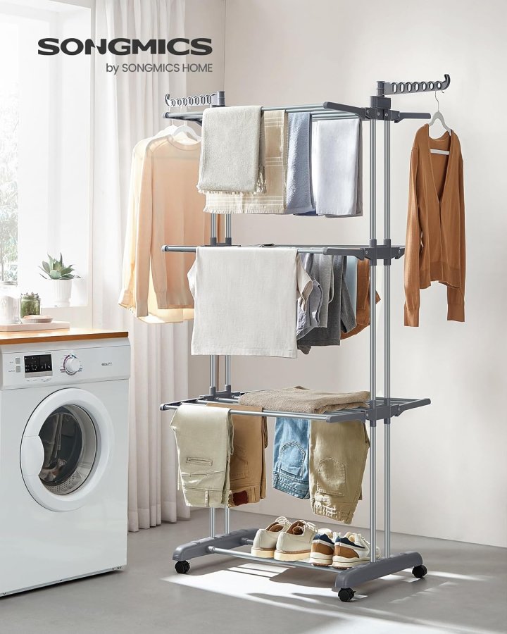 SONGMICS 4-etasjes t�rkestativ, sammenleggbart vingeformet t�rkestativ med hjul, 63,5 x 128 x 173 cm, stor, enkel � montere, innend�rs, utend�rs, gr�, LLR701G01