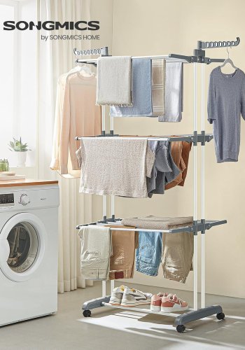 SONGMICS LLR701W01 Tragbarer W�schest�nder mit Rollen, 4 Ebenen, zusammenklappbar, 63,5 x 128 x 173 cm, gro�es Fassungsverm�gen, einfache Montage, f�r drinnen und drau�en, wei�