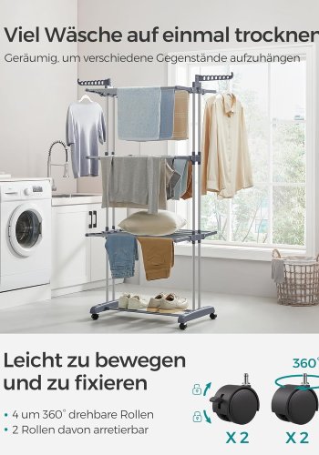 SONGMICS W�schest�nder mit 4 Ebenen, faltbarer, fl�gelf�rmiger W�schest�nder mit Rollen, 63,5 x 128 x 173 cm, gro�, einfach zu montieren, f�r drinnen und drau�en, grau, LLR701G01