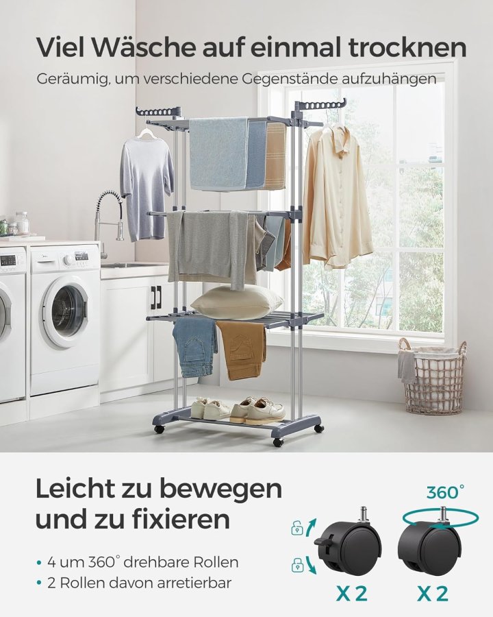 SONGMICS 4-etasjes t�rkestativ, sammenleggbart vingeformet t�rkestativ med hjul, 63,5 x 128 x 173 cm, stor, enkel � montere, innend�rs, utend�rs, gr�, LLR701G01