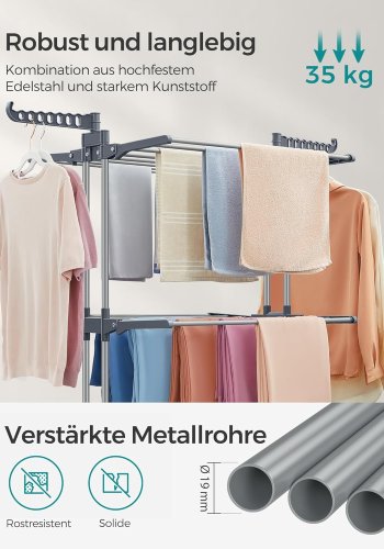 SONGMICS 4-etasjes t�rkestativ, sammenleggbart vingeformet t�rkestativ med hjul, 63,5 x 128 x 173 cm, stor, enkel � montere, innend�rs, utend�rs, gr�, LLR701G01