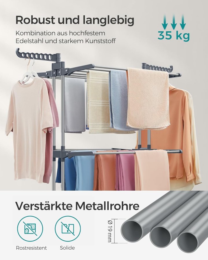 SONGMICS 4-etasjes t�rkestativ, sammenleggbart vingeformet t�rkestativ med hjul, 63,5 x 128 x 173 cm, stor, enkel � montere, innend�rs, utend�rs, gr�, LLR701G01