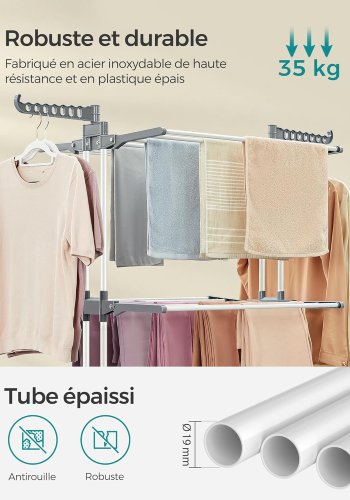 SONGMICS LLR701W01 B�rbart t�rkestativ med hjul, 4 niv�er, sammenleggbart, 63,5 x 128 x 173 cm, stor kapasitet, enkel montering, innend�rs og utend�rs bruk, hvit