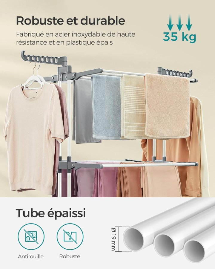 SONGMICS LLR701W01 B�rbart t�rkestativ med hjul, 4 niv�er, sammenleggbart, 63,5 x 128 x 173 cm, stor kapasitet, enkel montering, innend�rs og utend�rs bruk, hvit