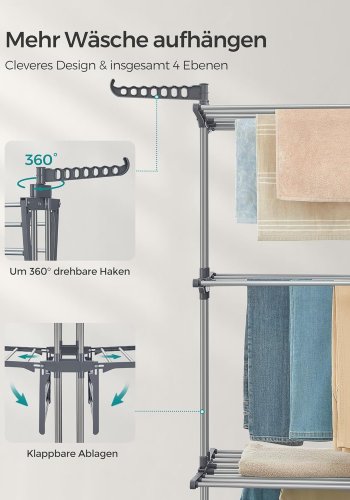 SONGMICS 4-etasjes t�rkestativ, sammenleggbart vingeformet t�rkestativ med hjul, 63,5 x 128 x 173 cm, stor, enkel � montere, innend�rs, utend�rs, gr�, LLR701G01