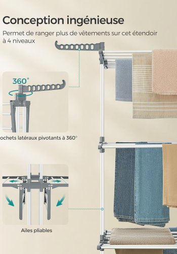 SONGMICS LLR701W01 B�rbart t�rkestativ med hjul, 4 niv�er, sammenleggbart, 63,5 x 128 x 173 cm, stor kapasitet, enkel montering, innend�rs og utend�rs bruk, hvit