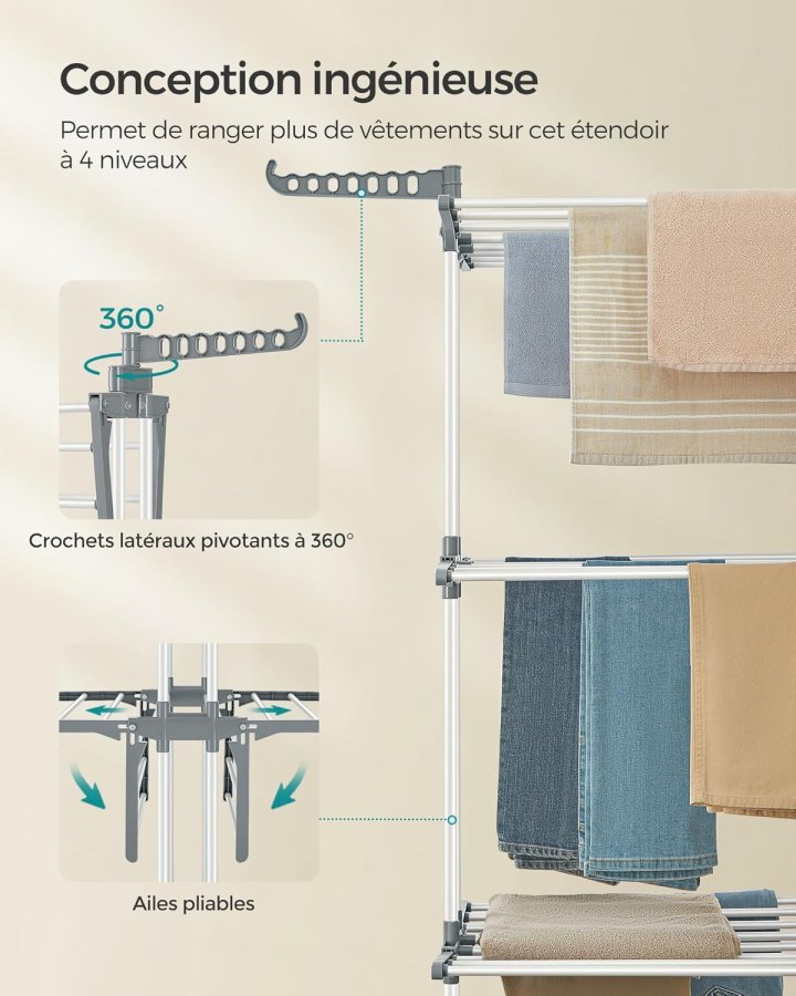 SONGMICS LLR701W01 B�rbart t�rkestativ med hjul, 4 niv�er, sammenleggbart, 63,5 x 128 x 173 cm, stor kapasitet, enkel montering, innend�rs og utend�rs bruk, hvit