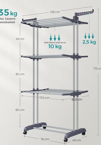 SONGMICS 4-etasjes t�rkestativ, sammenleggbart vingeformet t�rkestativ med hjul, 63,5 x 128 x 173 cm, stor, enkel � montere, innend�rs, utend�rs, gr�, LLR701G01