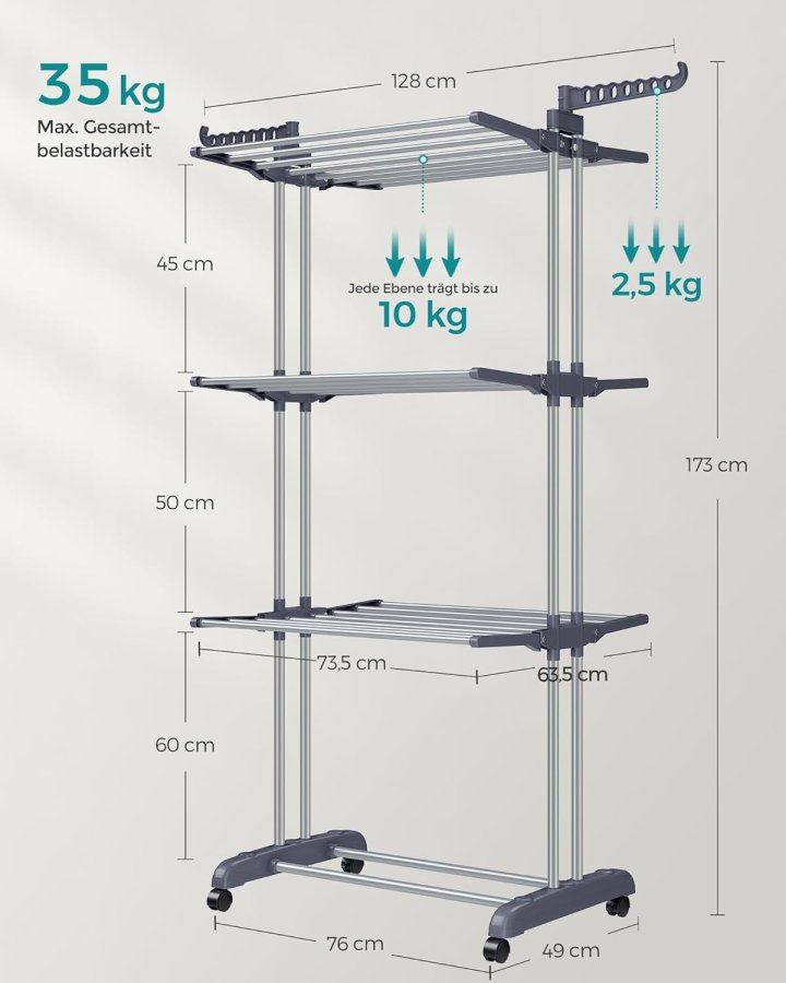 SONGMICS 4-etasjes t�rkestativ, sammenleggbart vingeformet t�rkestativ med hjul, 63,5 x 128 x 173 cm, stor, enkel � montere, innend�rs, utend�rs, gr�, LLR701G01