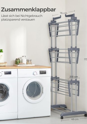 SONGMICS 4-etasjes t�rkestativ, sammenleggbart vingeformet t�rkestativ med hjul, 63,5 x 128 x 173 cm, stor, enkel � montere, innend�rs, utend�rs, gr�, LLR701G01