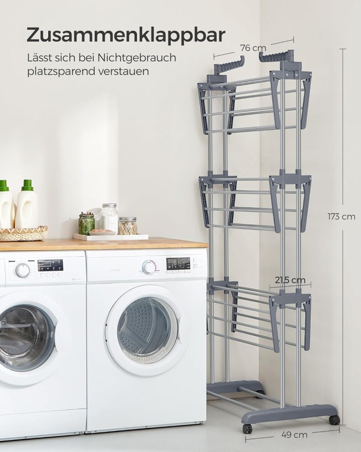 SONGMICS 4-etasjes t�rkestativ, sammenleggbart vingeformet t�rkestativ med hjul, 63,5 x 128 x 173 cm, stor, enkel � montere, innend�rs, utend�rs, gr�, LLR701G01